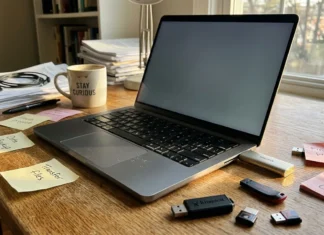 Vérifier fichier corrompu : outil gratuit en ligne Laptop ouvert sur bureau avec café, notes et clés USB