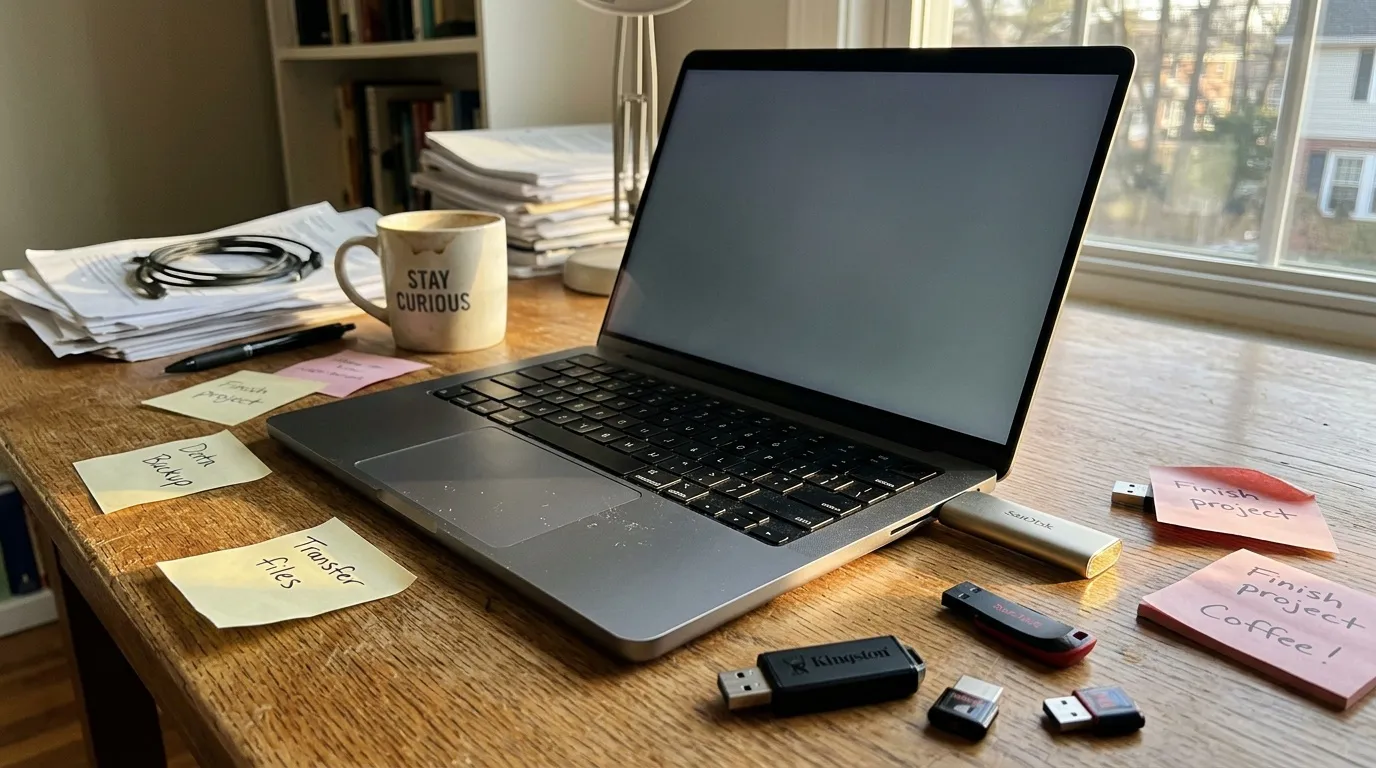 Vérifier fichier corrompu : outil gratuit en ligne Laptop ouvert sur bureau avec café, notes et clés USB