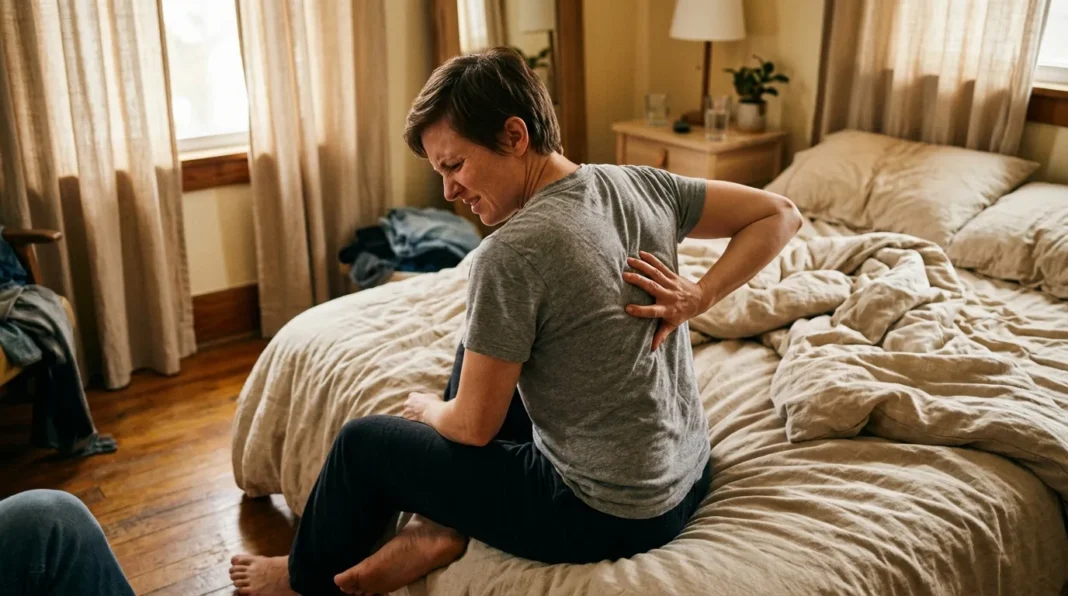 Femme souffrant de douleurs lombaires Femme tenant son dos, exprimant de la douleur au lit