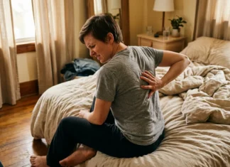 Contracture musculaire haut du dos : comment la soulager Femme tenant son dos, exprimant de la douleur au lit