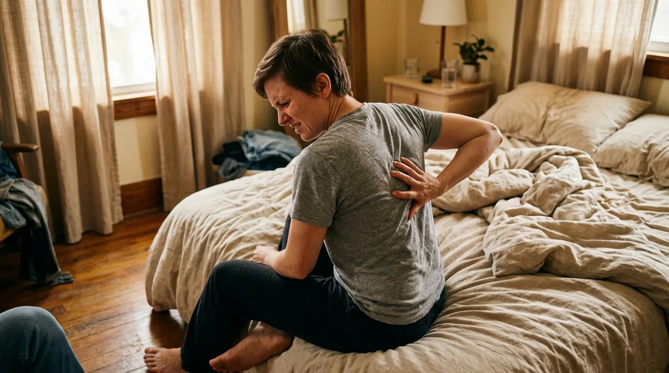 Contracture musculaire haut du dos : comment la soulager Femme tenant son dos, exprimant de la douleur au lit