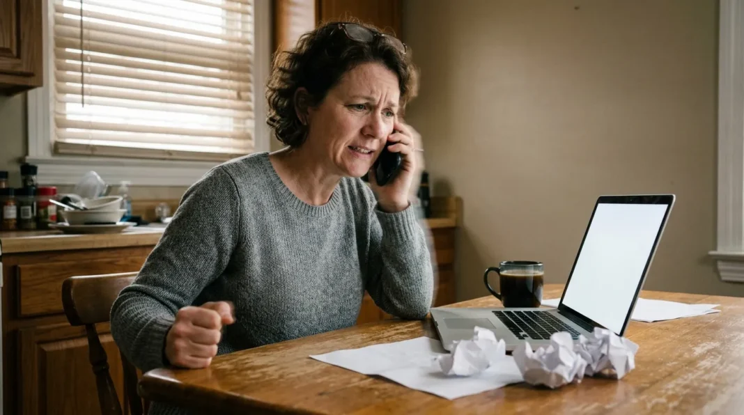 Femme stressée travaillant à domicile Femme au téléphone devant ordinateur, papiers froissés sur table
