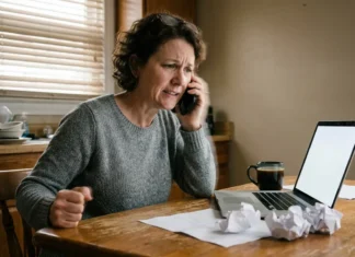 Reconnaître une arnaque au faux conseiller bancaire Femme au téléphone devant ordinateur, papiers froissés sur table