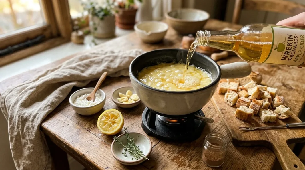 Fondue au cidre avec accompagnements Préparation fondue cidre avec pain, fromage et herbes aromatiques