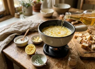 Par quoi remplacer le vin blanc : fondue Préparation fondue cidre avec pain, fromage et herbes aromatiques