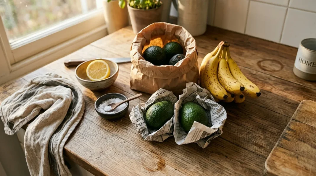 Fruits frais sur plan de travail Fruits et légumes disposés sur une table en bois ensoleillée