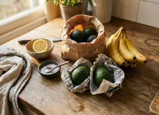 Faire mûrir des avocats durs en 24h : 6 astuces Fruits et légumes disposés sur une table en bois ensoleillée