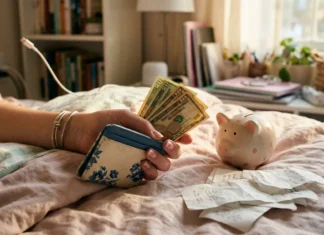 Gérer l’argent de poche ado : le guide complet Personne comptabilisant ses économies avec portefeuille et tirelire