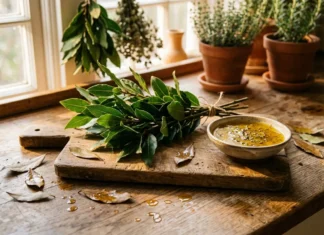 Laurier sauce : symbole de victoire historique Herbes fraîches, huile d'olive et poteries sur rebord fenêtre