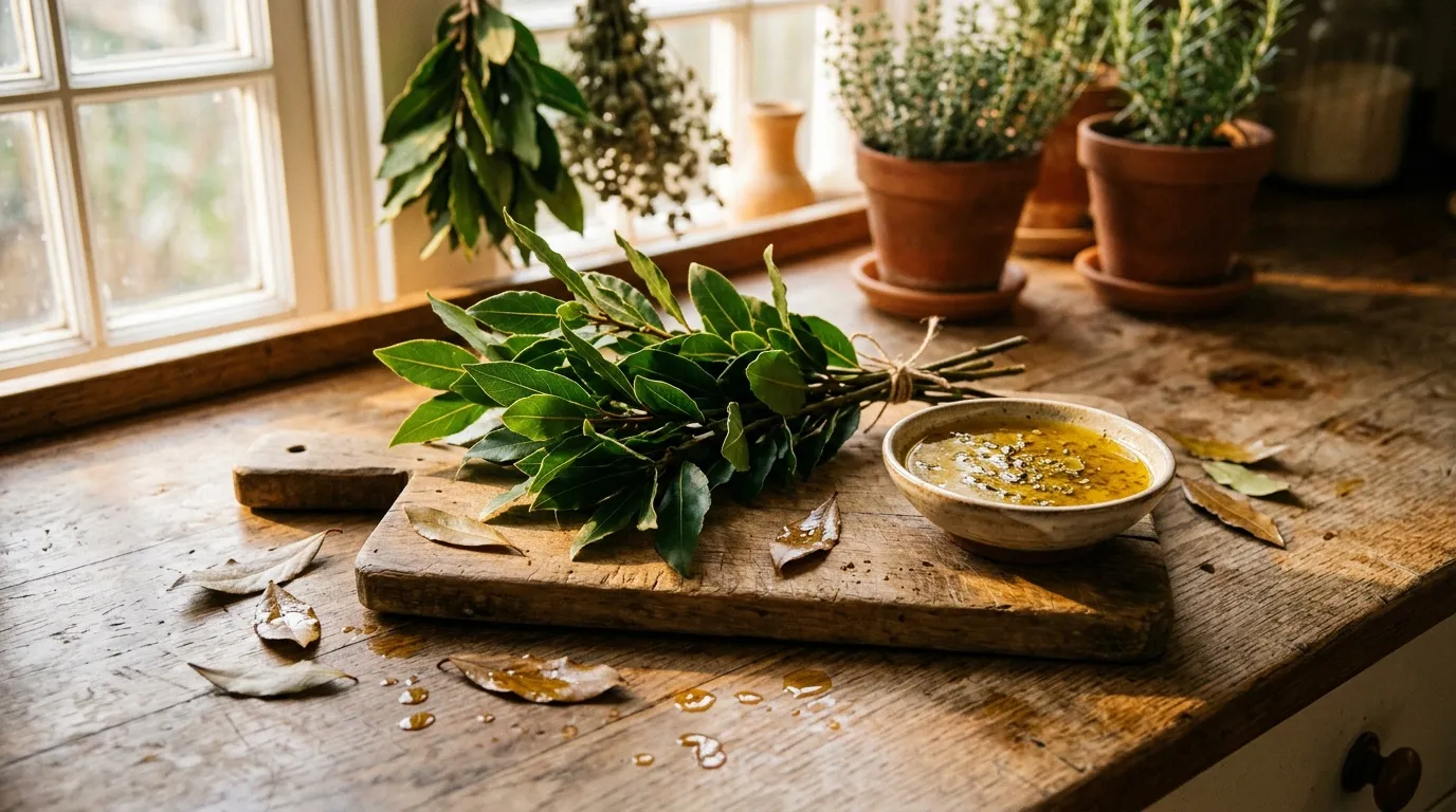 Laurier sauce : symbole de victoire historique Herbes fraîches, huile d'olive et poteries sur rebord fenêtre