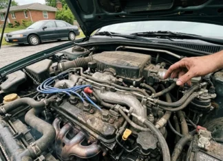 Voiture qui broute à l’accélération : causes Mécanicien inspecte moteur V6 d'une berline verte