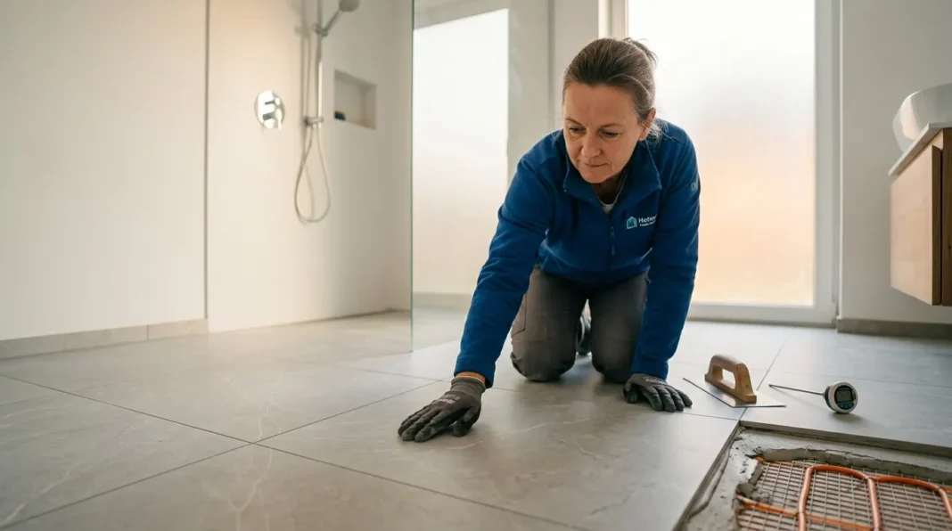Installation de chauffage par le sol Femme technicienne installe système chauffage sol salle bain