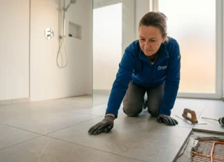 Carrelage plancher chauffant : critères et erreurs Femme technicienne installe système chauffage sol salle bain
