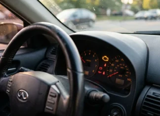 Voyant moteur orange : combien de temps rouler ? Volant et tableau de bord illuminé d'une automobile