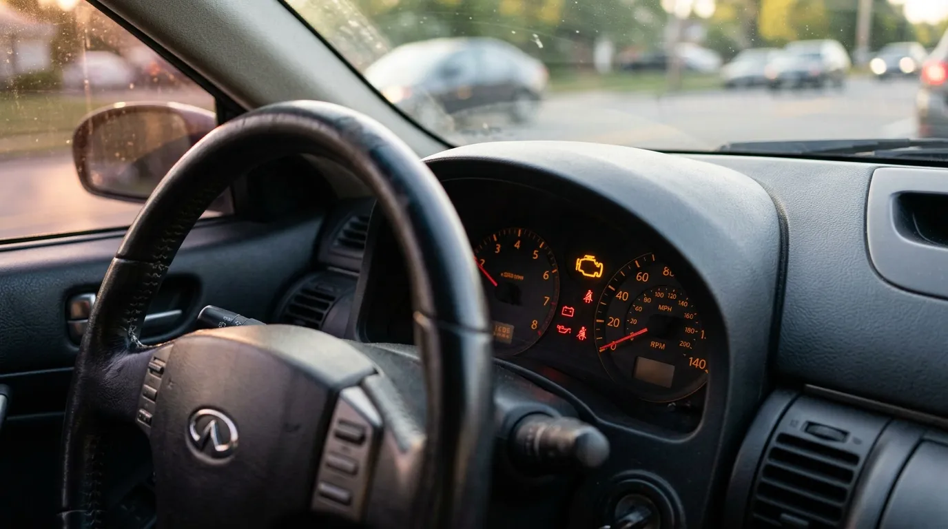 Voyant moteur orange : combien de temps rouler ? Volant et tableau de bord illuminé d'une automobile