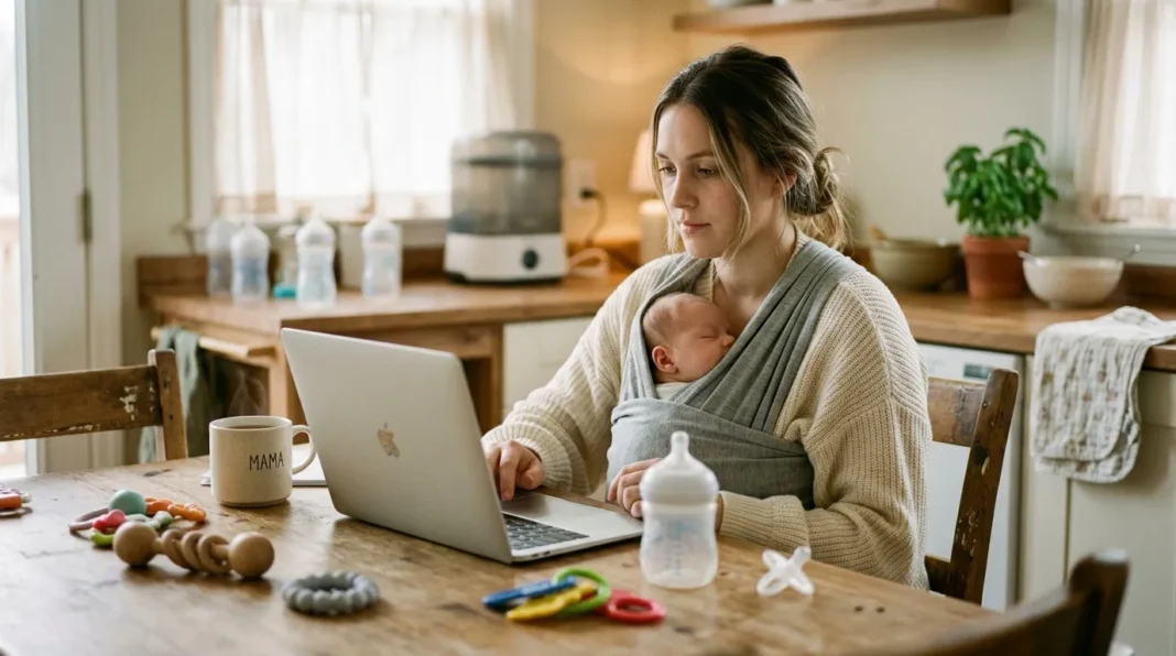 Mère télétravaillant avec son bébé Femme travaillant sur laptop tout en portant son nourrisson