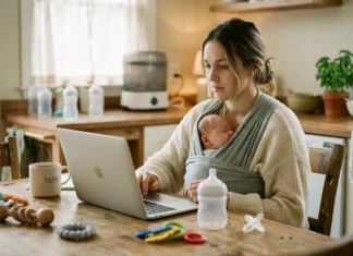 Demande de temps partiel après congé maternité Femme travaillant sur laptop tout en portant son nourrisson