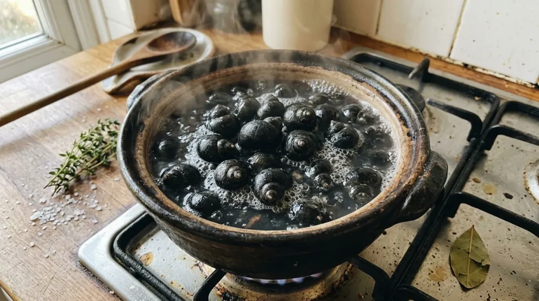 Moules cuisant dans un bouillon Casserole de moules bouillantes sur feu de gaz