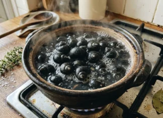 Cuisson des bigorneaux : méthode sans sortie de coquille Casserole de moules bouillantes sur feu de gaz
