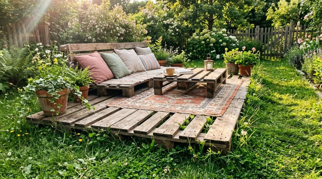 Oasis de détente au jardin Salon de jardin rustique avec canapé palette, entouré de fleurs et verdure.