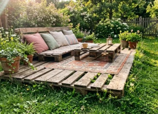 Terrasse palette sur pelouse : guide complet Salon de jardin rustique avec canapé palette, entouré de fleurs et verdure.