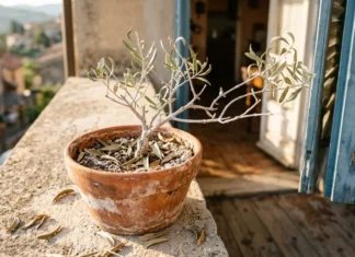 Olivier en pot perd ses feuilles : causes et solutions Petit olivier en pot terracotta sec sur balcon avec vue Toscane
