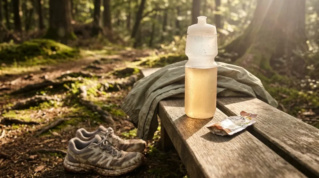 Pause hydratation en forêt Bouteille de boisson sur banc en bois en forêt