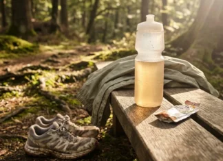 Boisson isotonique : confort digestif longue distance Bouteille de boisson sur banc en bois en forêt