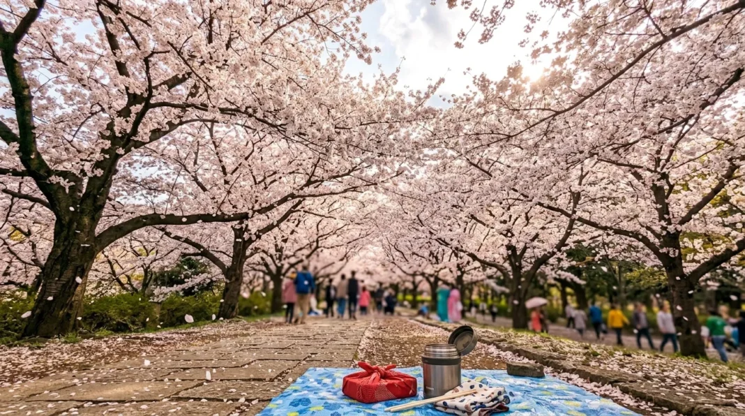 Pique-nique sous les cerisiers en fleur Pique-nique sous une allée de cerisiers roses en fleurs