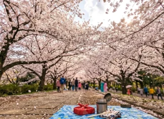 Meilleure période cerisiers en fleurs au Japon Pique-nique sous une allée de cerisiers roses en fleurs