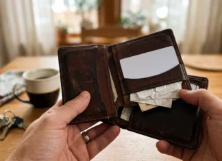 Vérifier le solde de ses points de permis gratuit Main tenant portefeuille marron ouvert contenant cartes bancaires