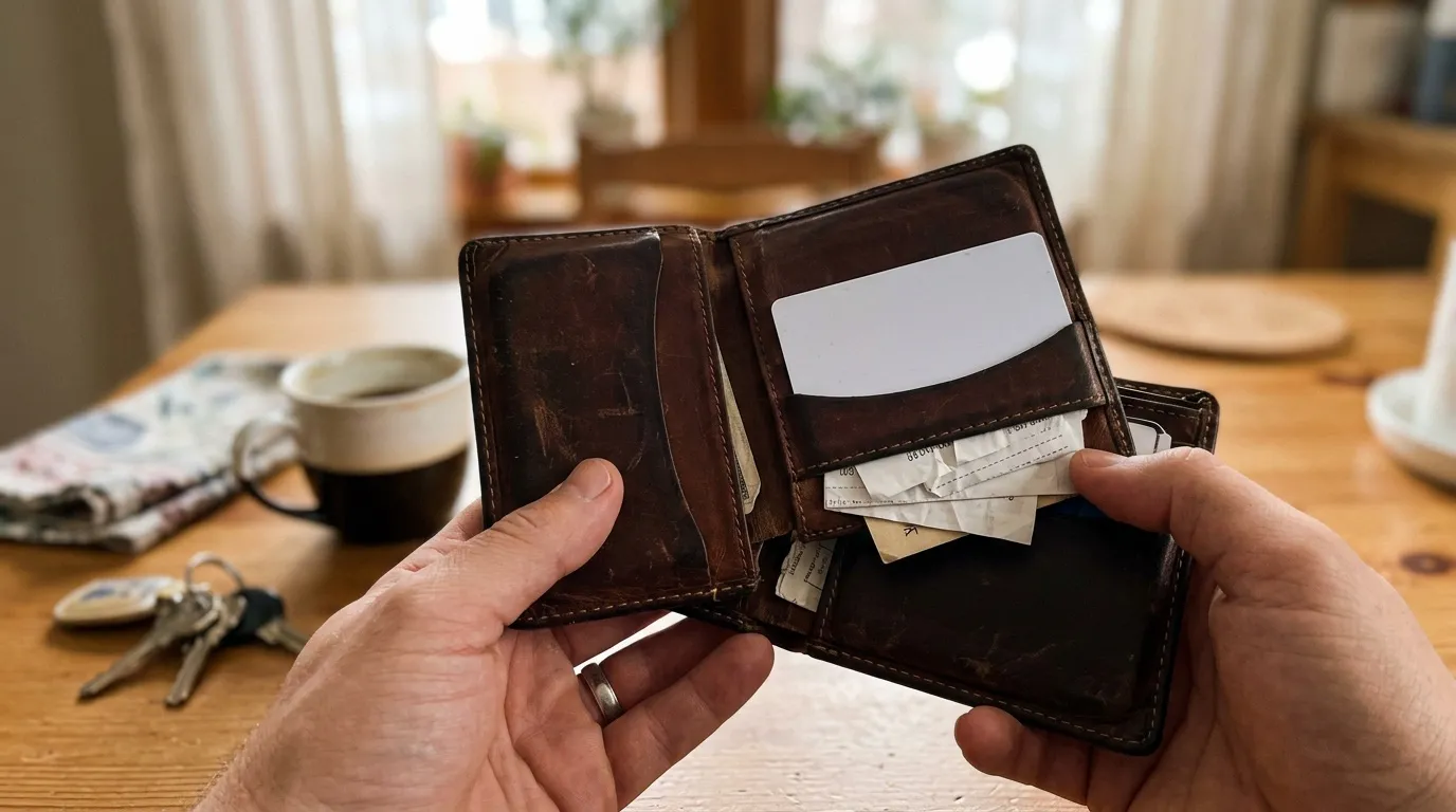 Vérifier le solde de ses points de permis gratuit Main tenant portefeuille marron ouvert contenant cartes bancaires