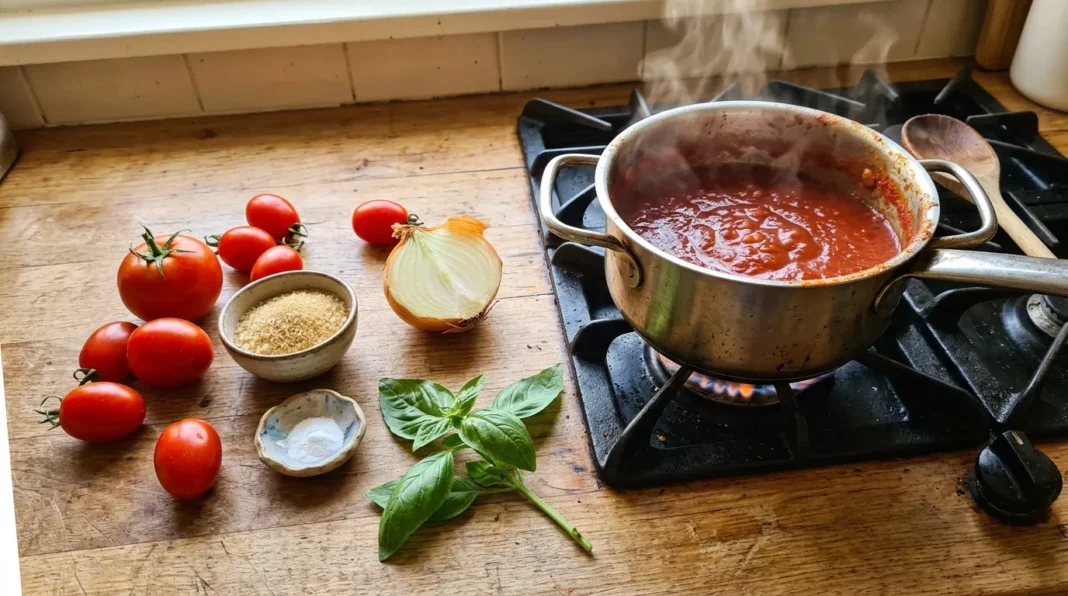 Préparation d'une sauce tomate maison Ingrédients et sauce tomate mijotant sur le feu