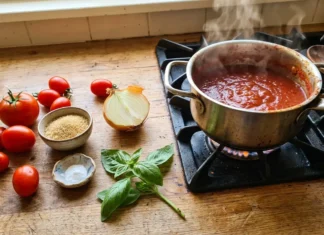 Enlever l’amertume sauce tomate : 5 astuces Ingrédients et sauce tomate mijotant sur le feu