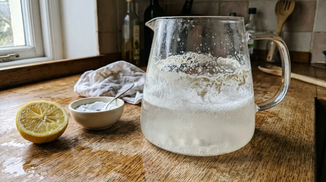 Préparation de boisson citron maison Pichet d'eau gazeuse, citron frais et sucre en poudre