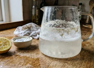 Nettoyer une carafe entartrée : astuces efficaces Pichet d'eau gazeuse, citron frais et sucre en poudre