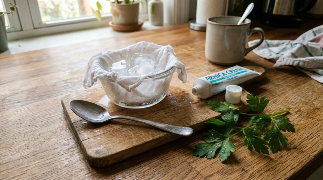 Préparation de crème arnica maison Bol de crème blanche, tube arnica, persil frais et cuillère sur planche bois