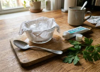 Suçon : astuces grand-mère pour le faire disparaître Bol de crème blanche, tube arnica, persil frais et cuillère sur planche bois