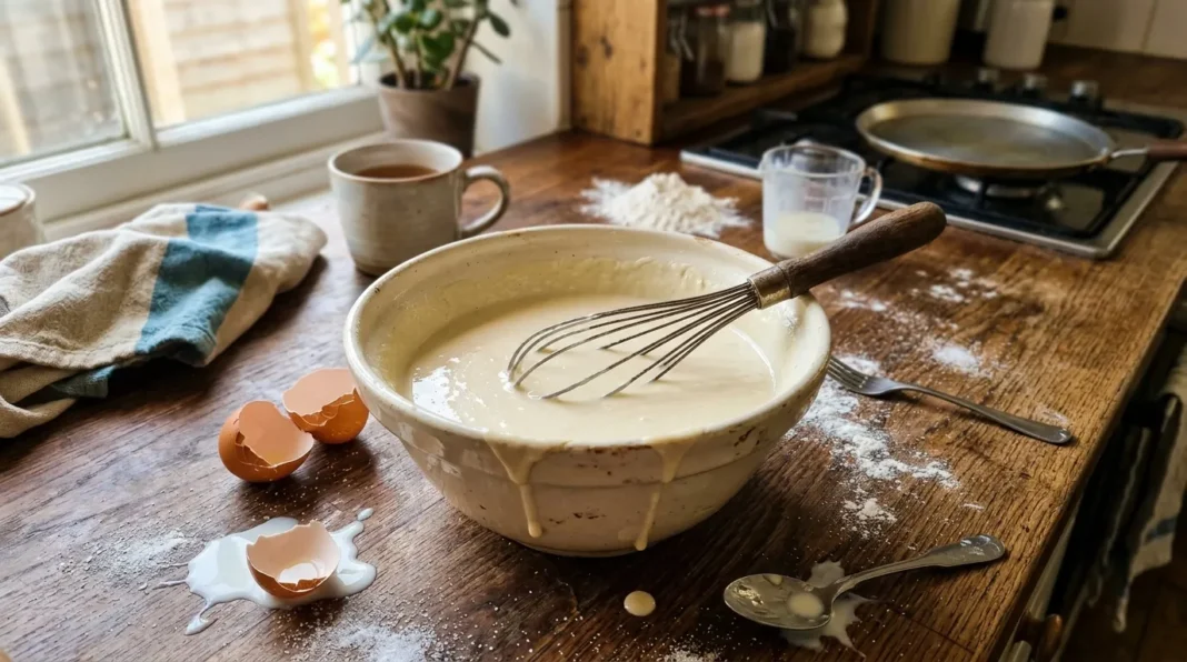 Préparation de pâte en cuisine Bol de pâte avec fouet sur plan de travail fariné