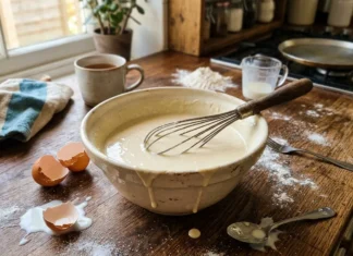 Recette pâte à crêpes sans repos rapide Bol de pâte avec fouet sur plan de travail fariné