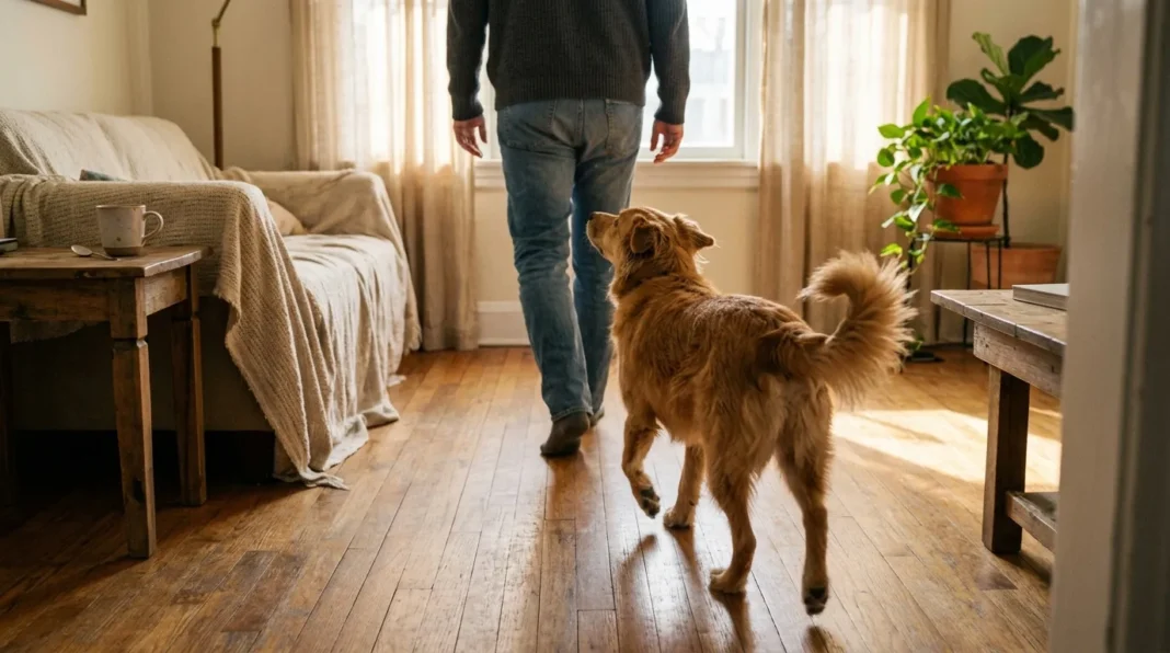 Promenade du chien à l'intérieur Homme et chien doré marchent ensemble dans un salon lumineux