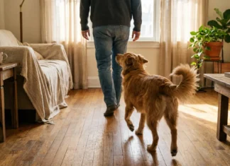 Mon chien me suit partout : les vraies raisons Homme et chien doré marchent ensemble dans un salon lumineux