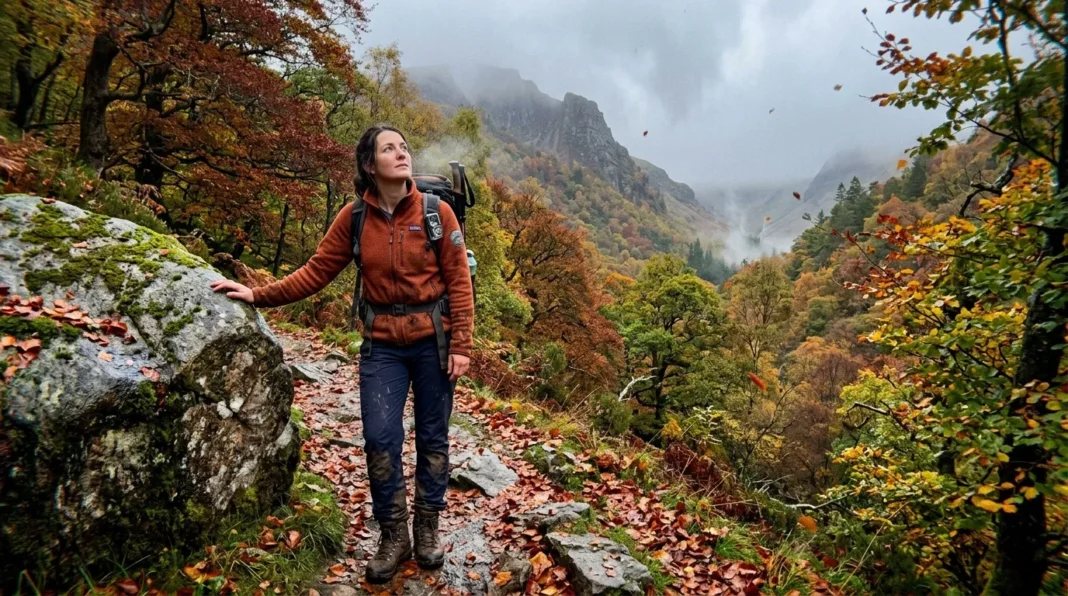 Randonnée en montagne automnale Femme randonneuse contemplant la vallée montagneuse en automne