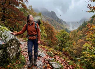Randonnée automne montagne : le guide complet Femme randonneuse contemplant la vallée montagneuse en automne