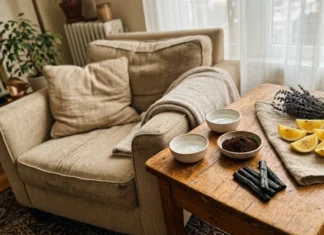 Enlever odeur tabac froid : 5 astuces efficaces Salon beige avec canapé, table bois et accessoires décoration