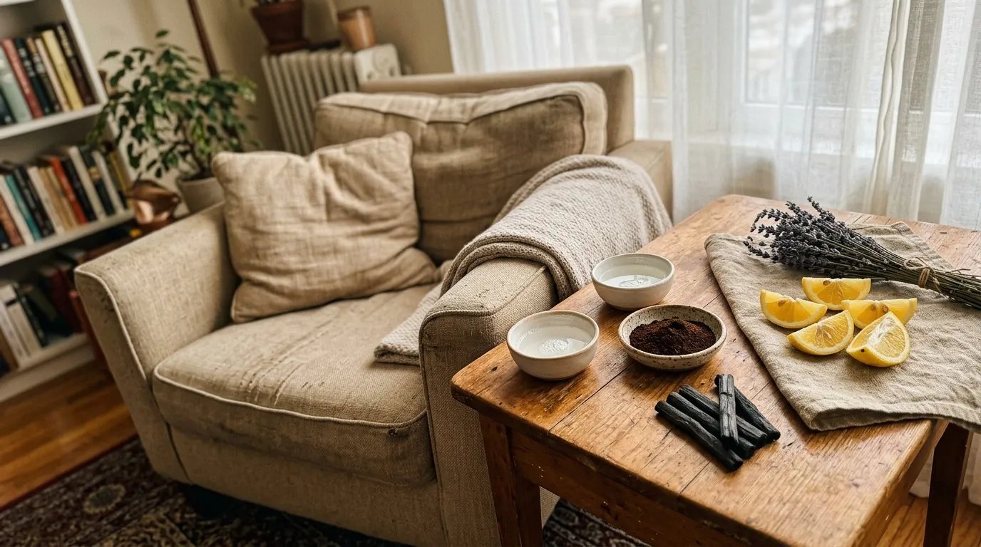 Enlever odeur tabac froid : 5 astuces efficaces Salon beige avec canapé, table bois et accessoires décoration