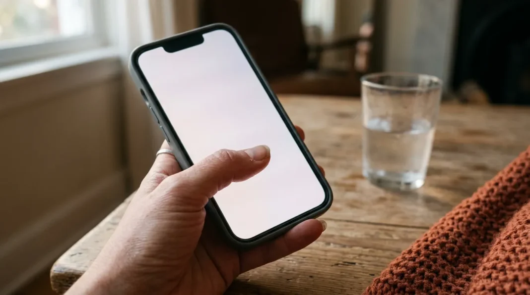 Smartphone à écran blanc en main Personne tenant un téléphone avec écran blanc vierge
