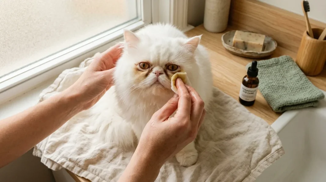 Soin des yeux du chat blanc Personne nettoie les yeux d'un chat blanc persan avec un tissu
