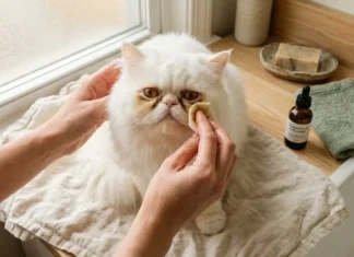 Nettoyer les yeux d’un persan : méthode naturelle Personne nettoie les yeux d'un chat blanc persan avec un tissu