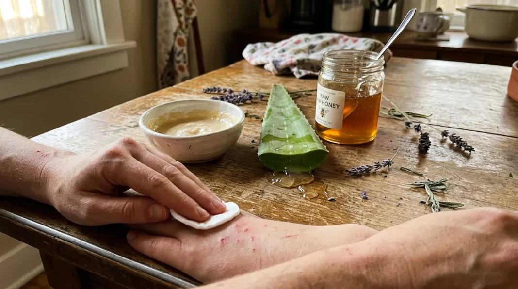 Soins naturels avec aloe et miel Personne appliquant un soin naturel sur sa peau avec aloe vera et miel